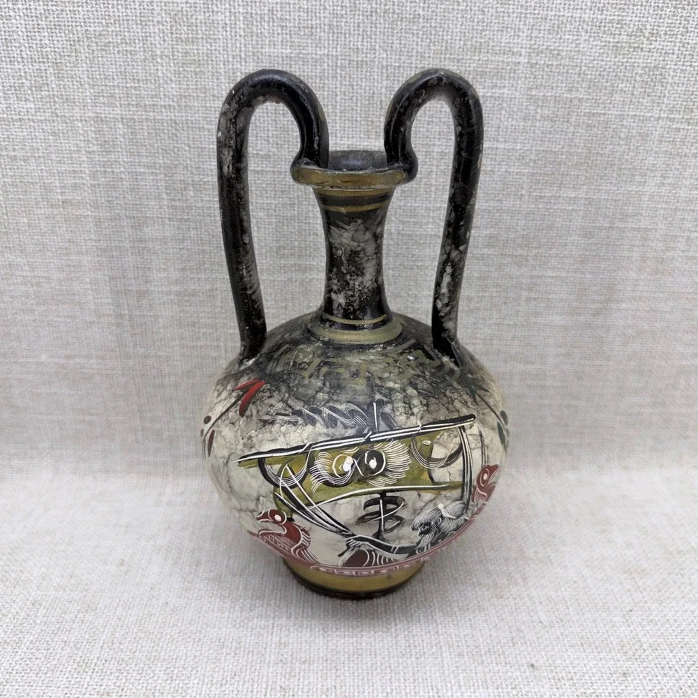 Vintage Handmade‎ Greek Pottery Amphora Vase Hand Painted Sailing Ship 7.5